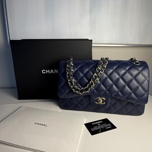 Authentic CHANEL Classic Large Flap Bag – Navy Caviar Leather & Gold Hardware